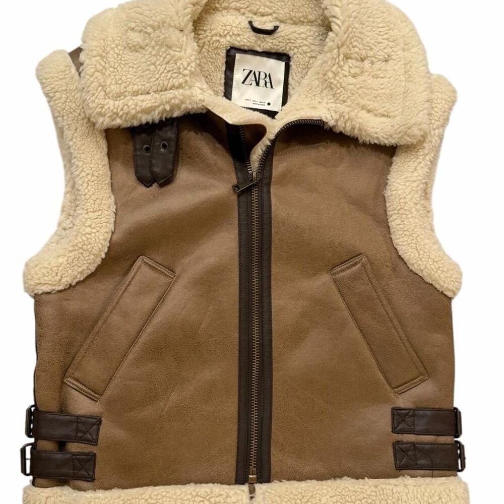 Zara brown leather vest with cream shearling lining
